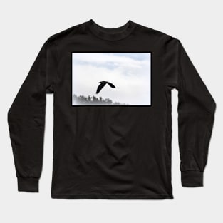 Great Blue Heron Flying Past the Clouds Above Trojan Pond 5 Long Sleeve T-Shirt